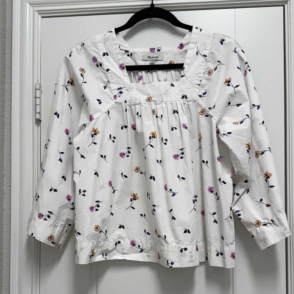 Madewell White Floral Square Neck Blouse with Pink & Mustard Blooms